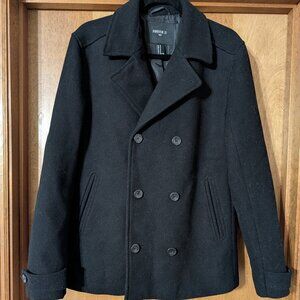 Forever 21 Men’s Medium Black Double Breasted Wool Pea Coat Jacket Inner Pocket